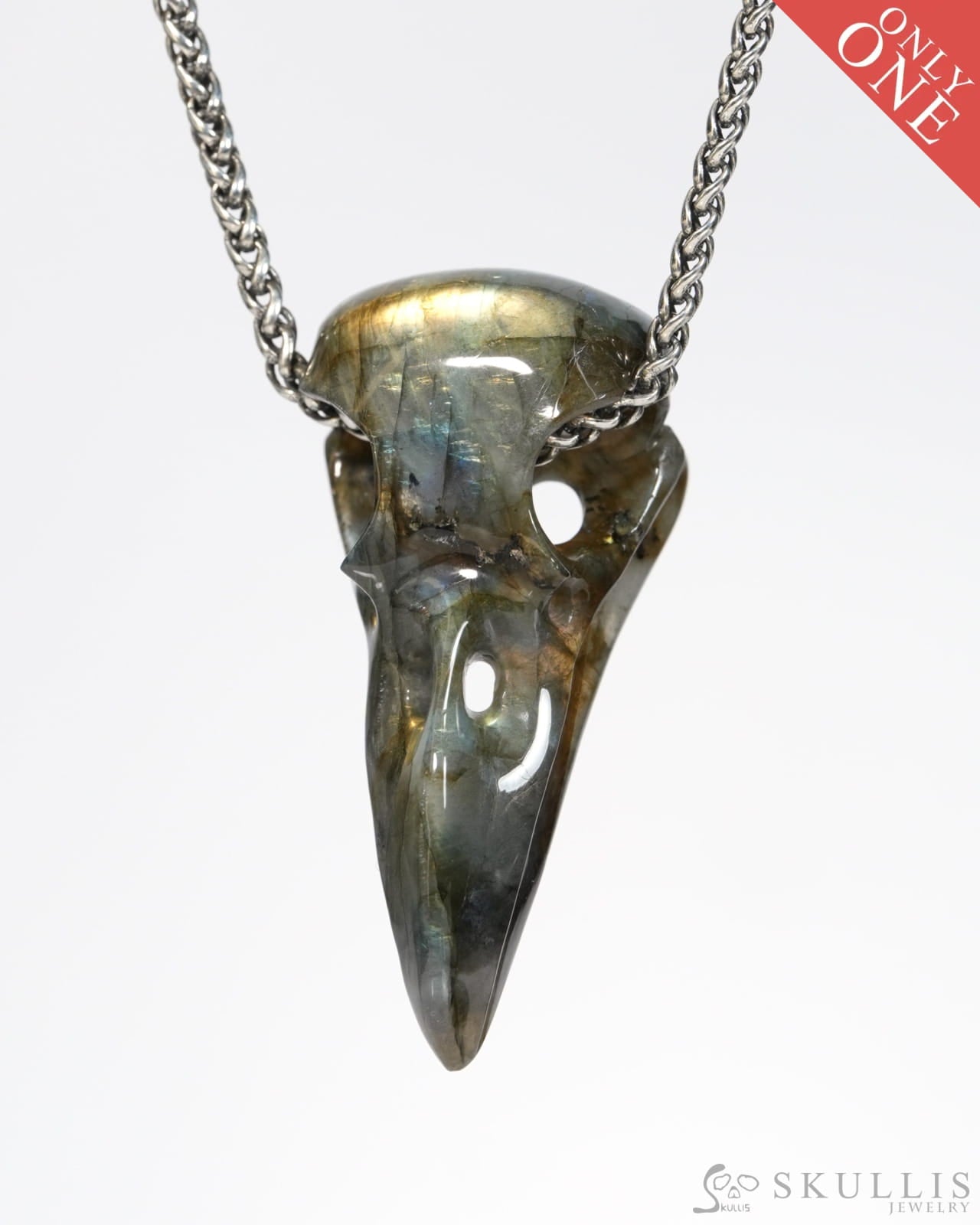 Gem Raven Skull Pendant Necklace of Labradorite Carved Raven Skull - ZR19900155 Skull Pendants