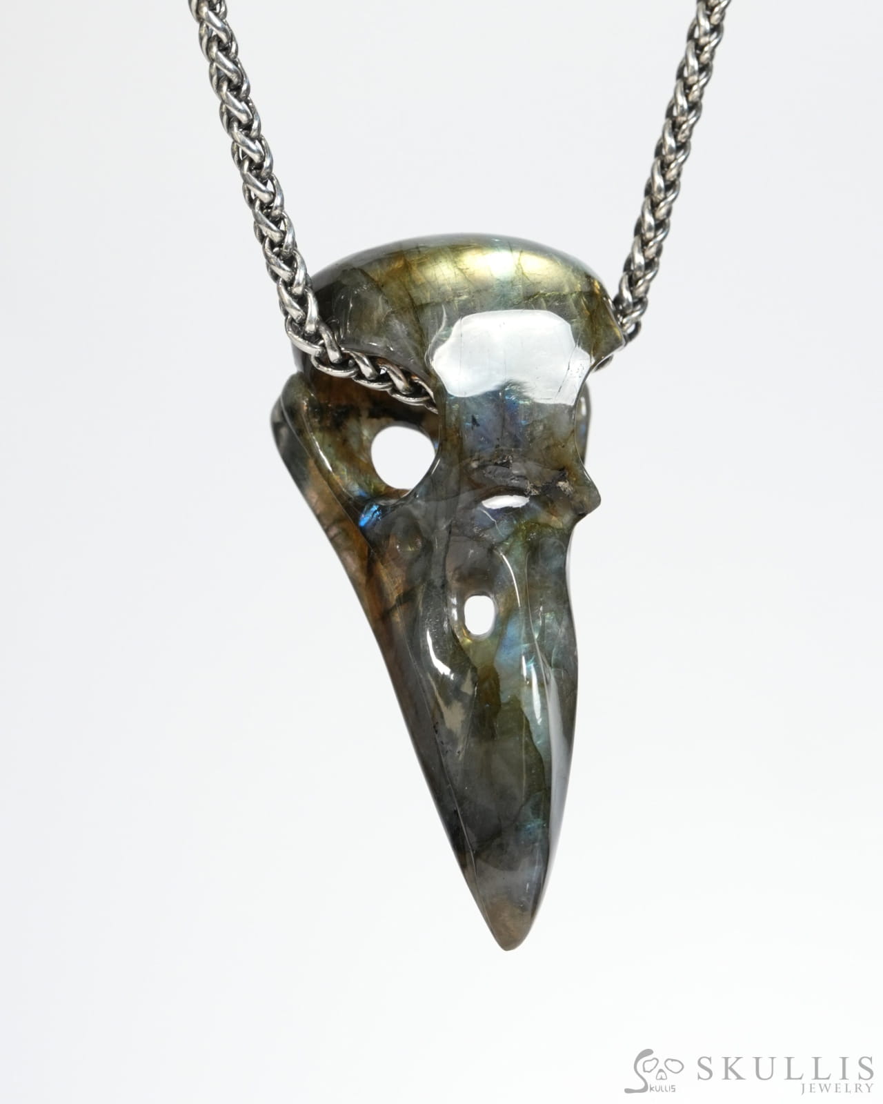 Gem Raven Skull Pendant Necklace of Labradorite Carved Raven Skull - ZR19900155 Skull Pendants
