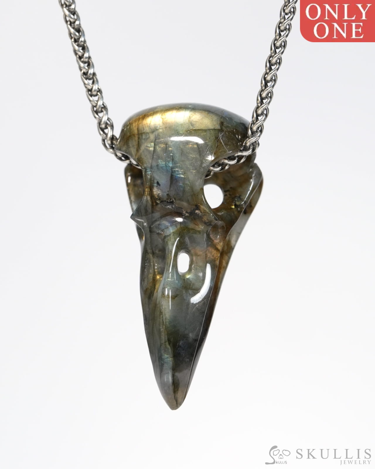 Gem Raven Skull Pendant Necklace of Labradorite Carved Raven Skull - ZR19900155 Skull Pendants