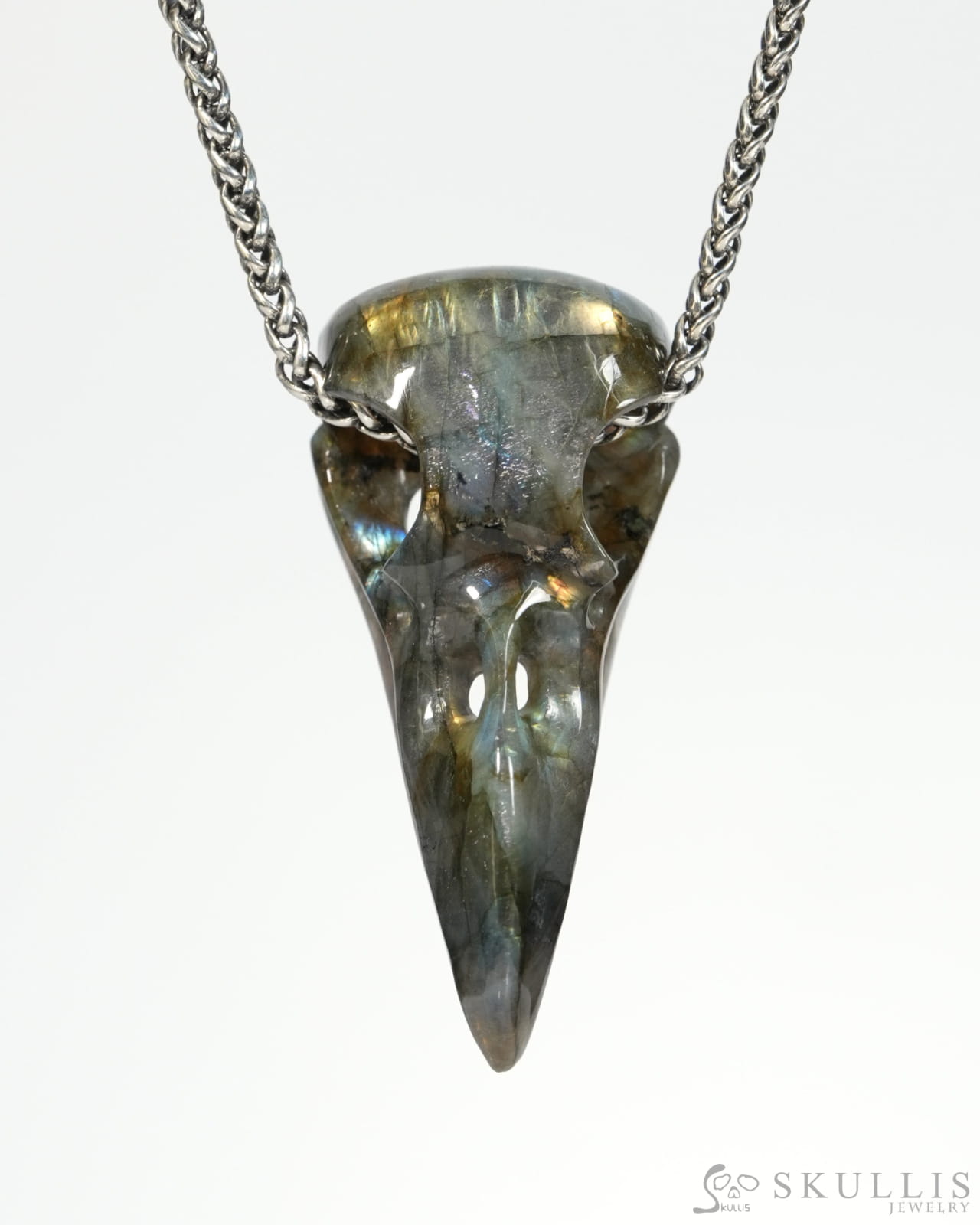 Gem Raven Skull Pendant Necklace of Labradorite Carved Raven Skull - ZR19900155 Skull Pendants