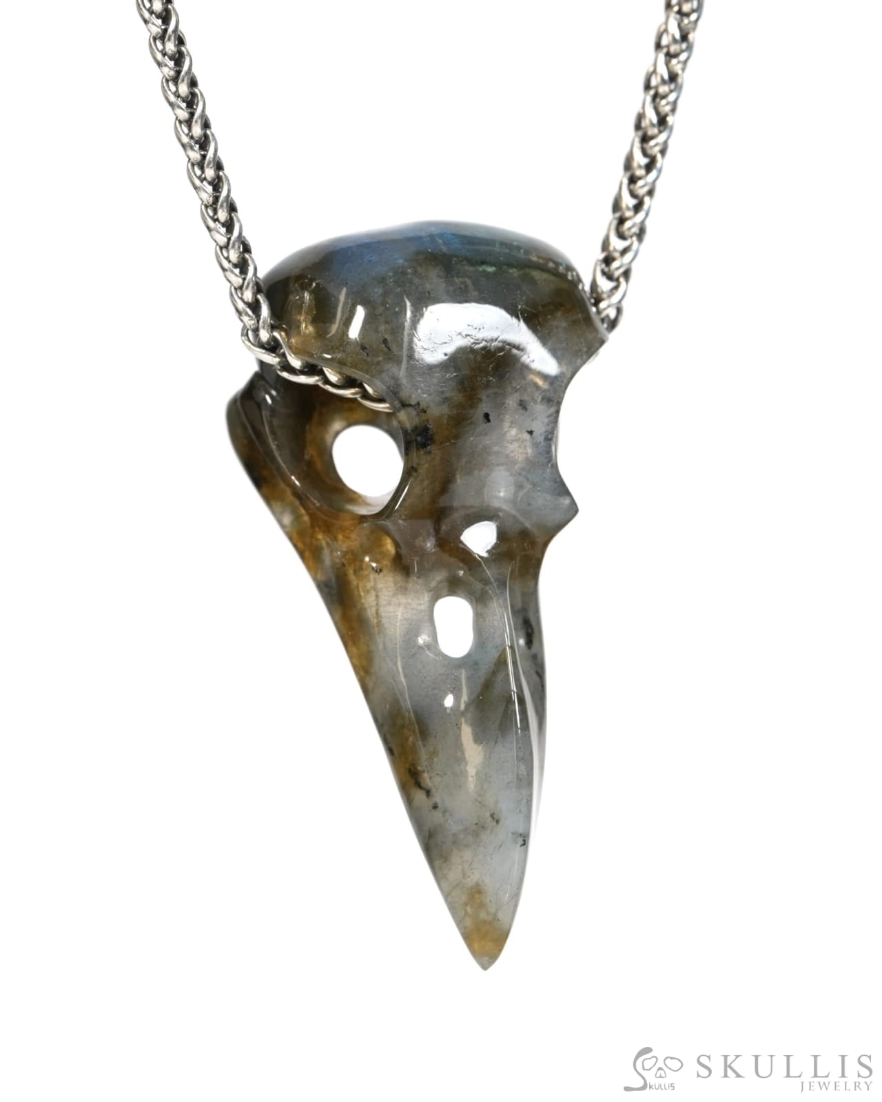 Gem Raven Skull Pendant Necklace of Labradorite Carved Raven Skull - ZR19900156 Skull Pendants