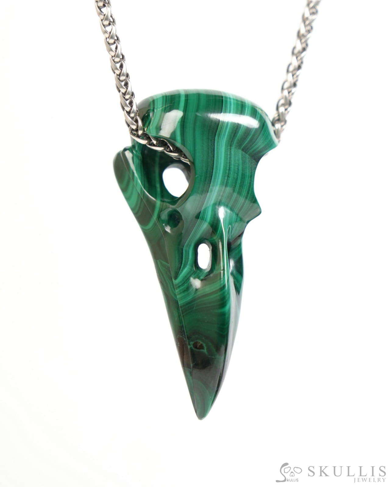 Gem Raven Skull Pendant Necklace of Malachite Carved Raven Skull - ZR19900048 Skull Pendants
