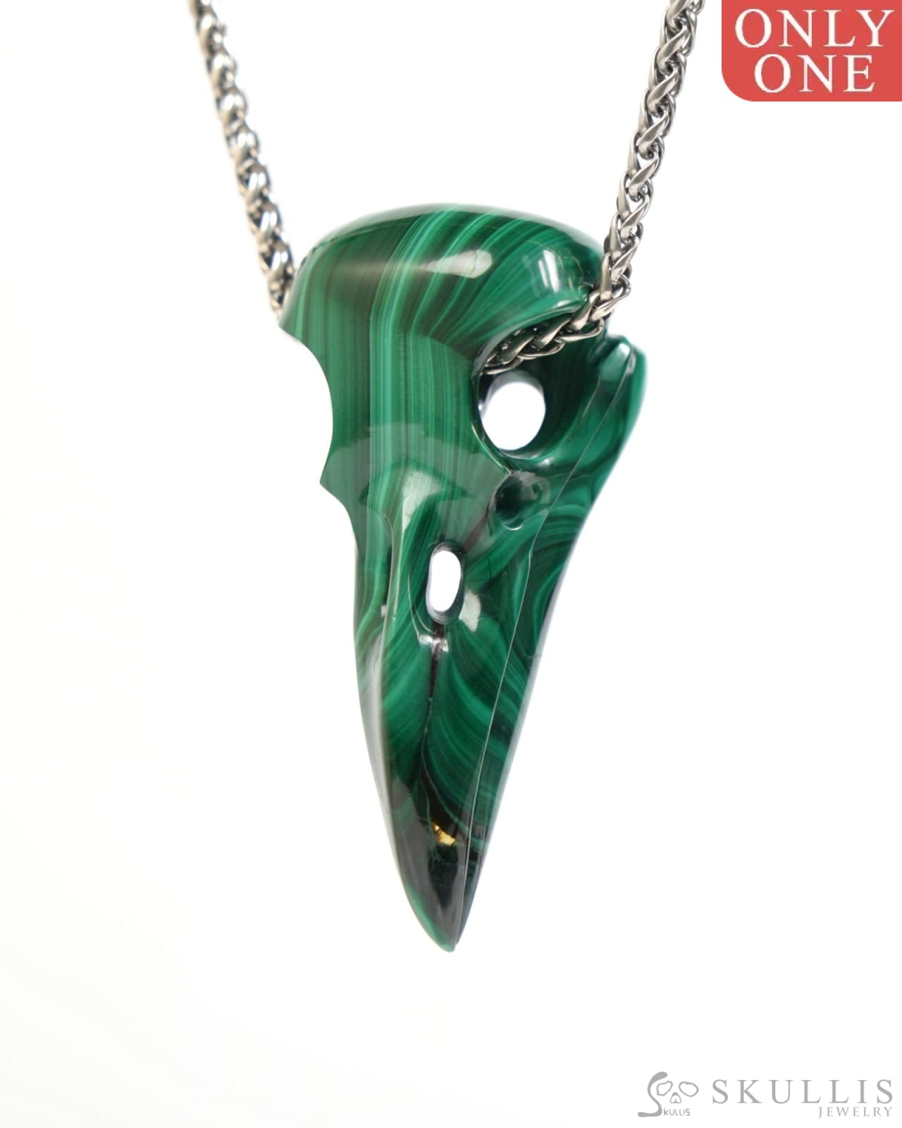 Gem Raven Skull Pendant Necklace of Malachite Carved Raven Skull - ZR19900048 Skull Pendants