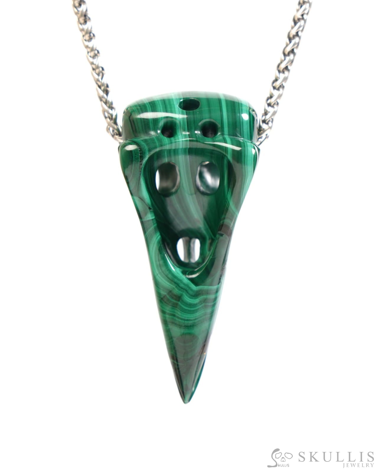 Gem Raven Skull Pendant Necklace of Malachite Carved Raven Skull - ZR19900048 Skull Pendants