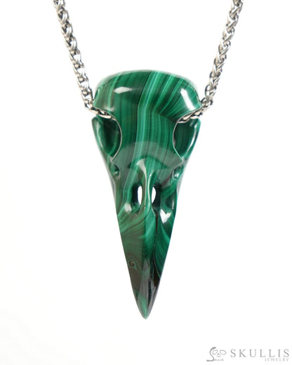 Gem Raven Skull Pendant Necklace of Malachite Carved Raven Skull - ZR19900048 Skull Pendants