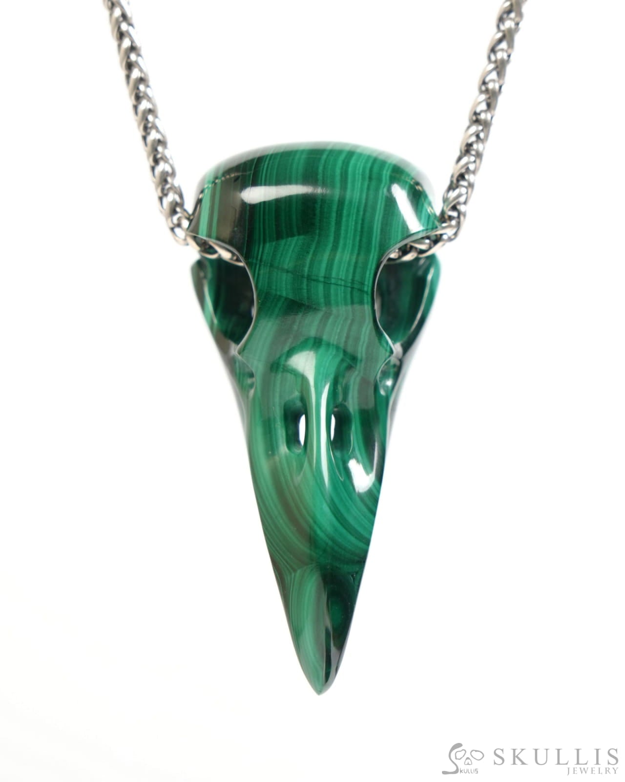 Gem Raven Skull Pendant Necklace of Malachite Carved Raven Skull - ZR19900049 Skull Pendants
