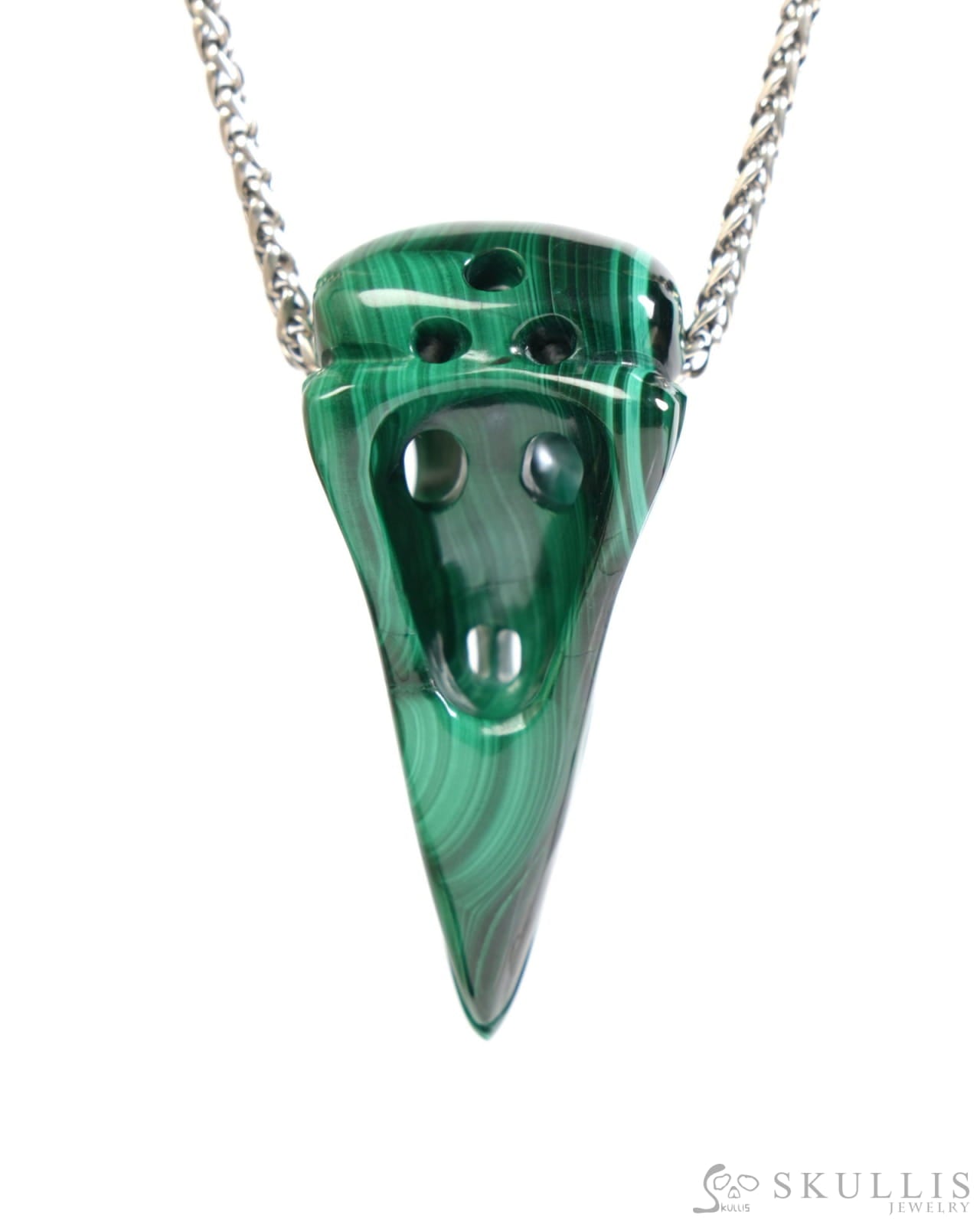Gem Raven Skull Pendant Necklace of Malachite Carved Raven Skull - ZR19900049 Skull Pendants