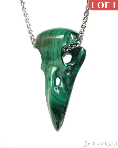 Gem Raven Skull Pendant Necklace of Malachite Carved Raven Skull - ZR19900049 Skull Pendants