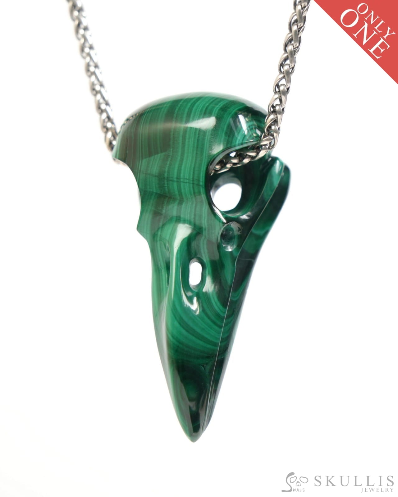 Gem Raven Skull Pendant Necklace of Malachite Carved Raven Skull - ZR19900049 Skull Pendants
