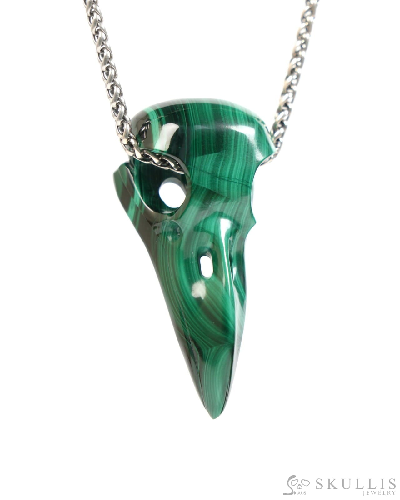 Gem Raven Skull Pendant Necklace of Malachite Carved Raven Skull - ZR19900049 Skull Pendants