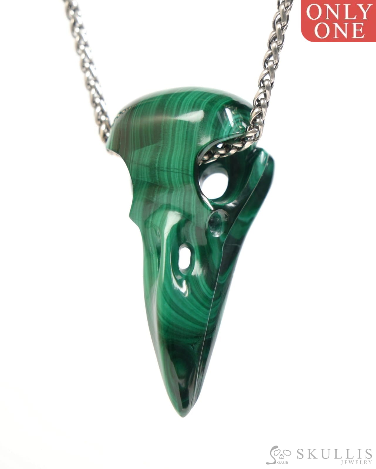 Gem Raven Skull Pendant Necklace of Malachite Carved Raven Skull - ZR19900049 Skull Pendants