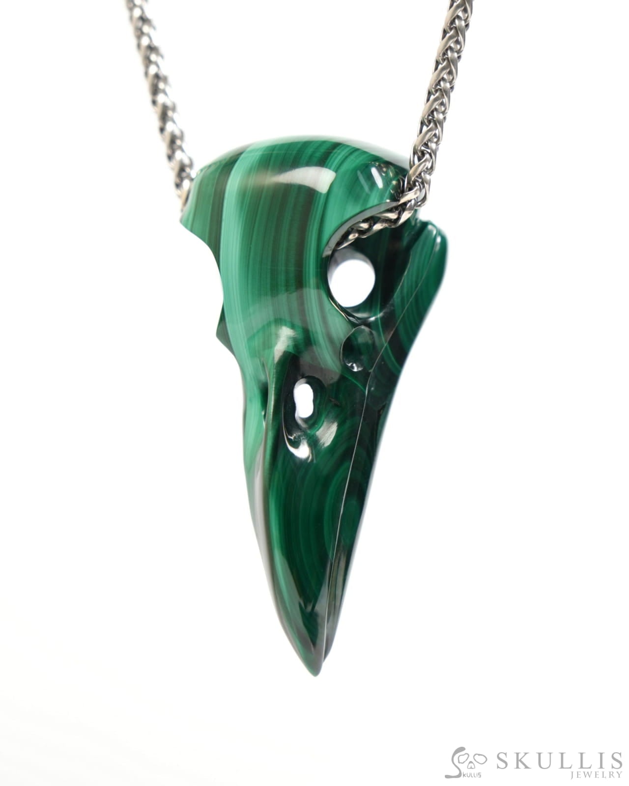 Gem Raven Skull Pendant Necklace of Malachite Carved Raven Skull - ZR19900050 Skull Pendants