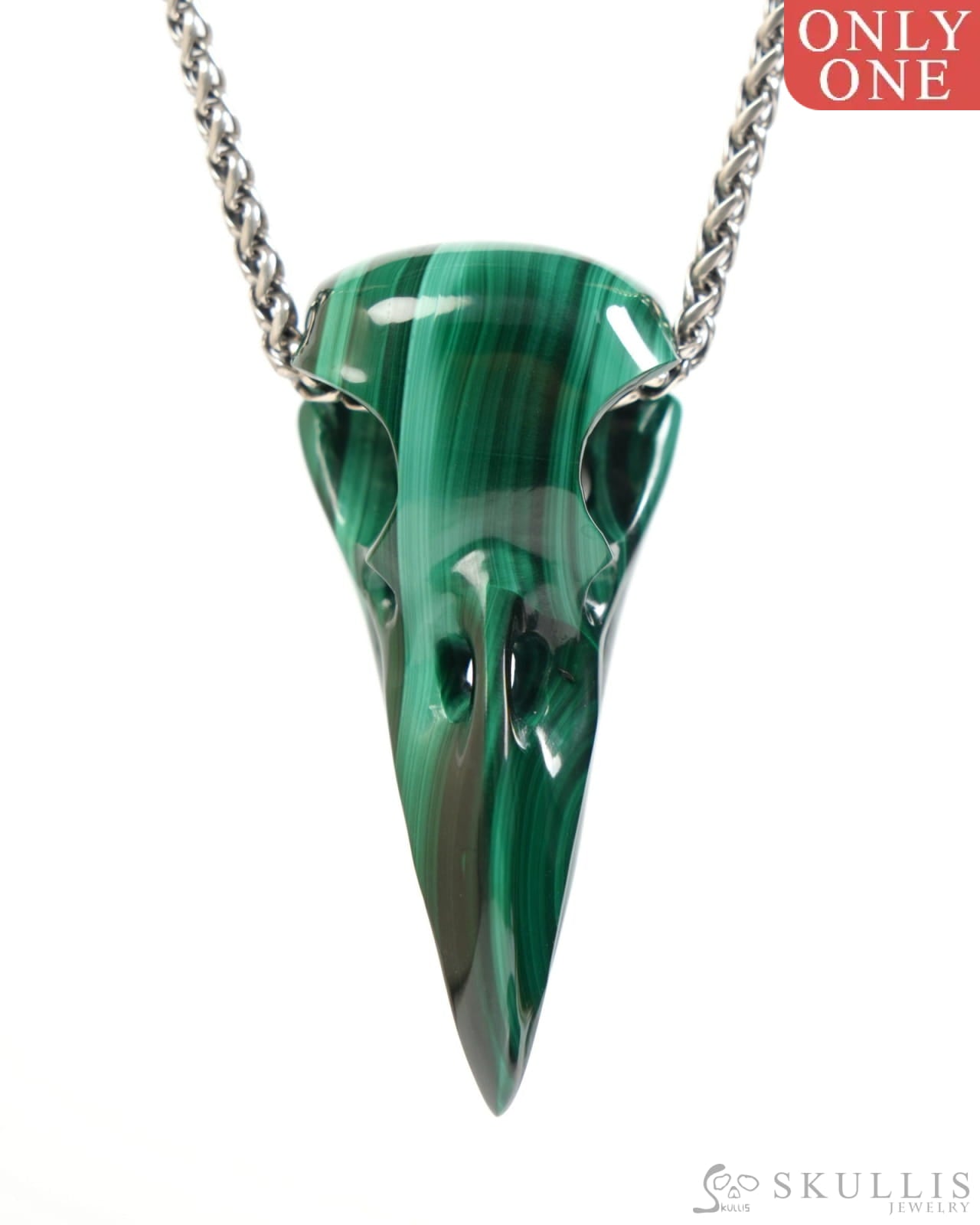 Night Pathfinder - Gem Raven Skull Pendant Necklace of Malachite Carved Raven Skull - ZR19900050 - Skull Pendants