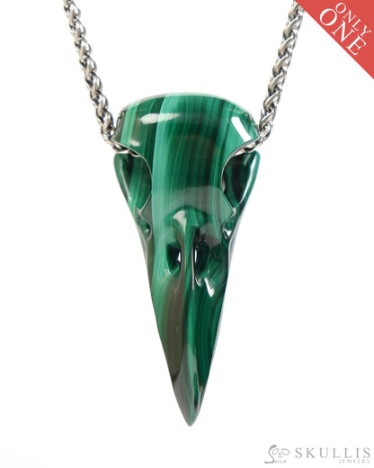 Gem Raven Skull Pendant Necklace of Malachite Carved Raven Skull - ZR19900050 Skull Pendants