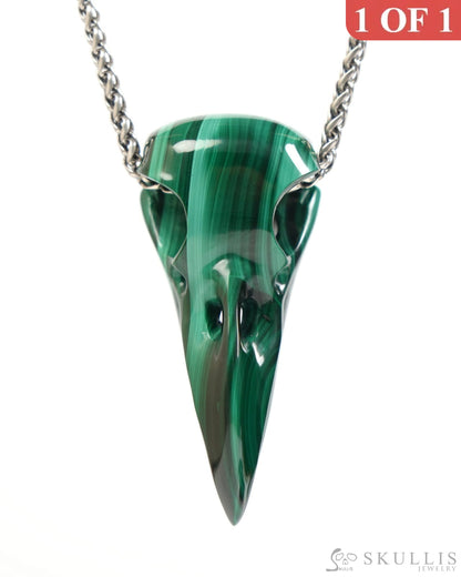 Night Pathfinder - Gem Raven Skull Pendant Necklace of Malachite Carved Raven Skull - ZR19900050 - Skull Pendants