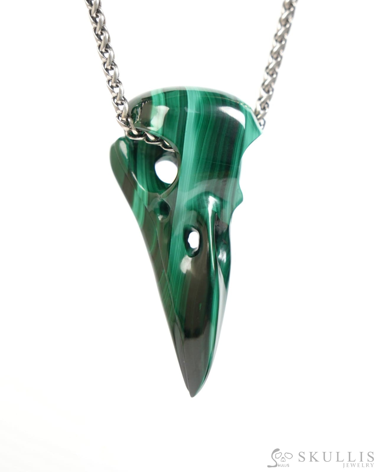 Gem Raven Skull Pendant Necklace of Malachite Carved Raven Skull - ZR19900050 Skull Pendants