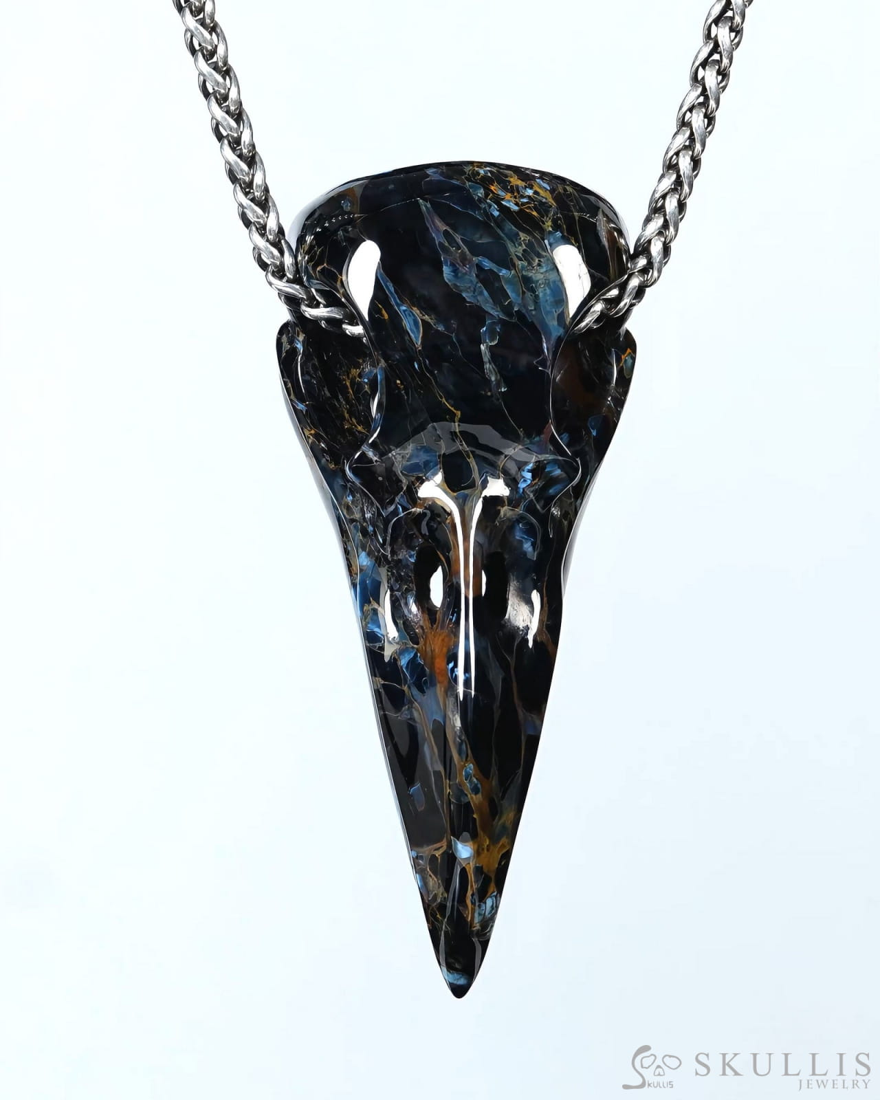Night Pathfinder - Gem Raven Skull Pendant Necklace of Pietersite Carved Raven Skull - ZR19500441 - Skull Pendants