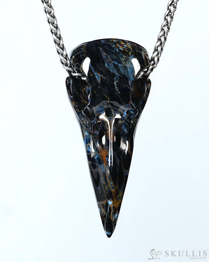 Night Pathfinder - Gem Raven Skull Pendant Necklace of Pietersite Carved Raven Skull - ZR19500441 - Skull Pendants