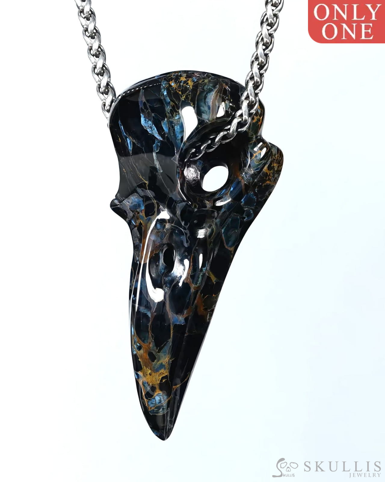 Night Pathfinder - Gem Raven Skull Pendant Necklace of Pietersite Carved Raven Skull - ZR19500441 - Skull Pendants