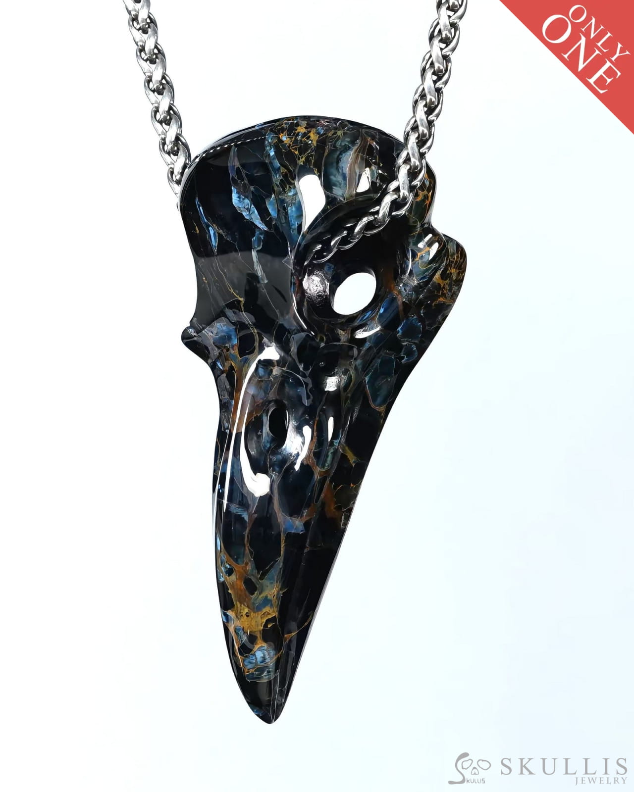Night Pathfinder - Gem Raven Skull Pendant Necklace of Pietersite Carved Raven Skull - ZR19500441 - Skull Pendants