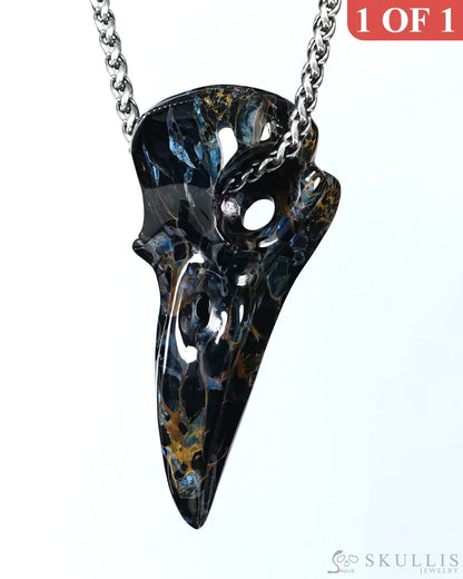 Night Pathfinder - Gem Raven Skull Pendant Necklace of Pietersite Carved Raven Skull - ZR19500441 - Skull Pendants