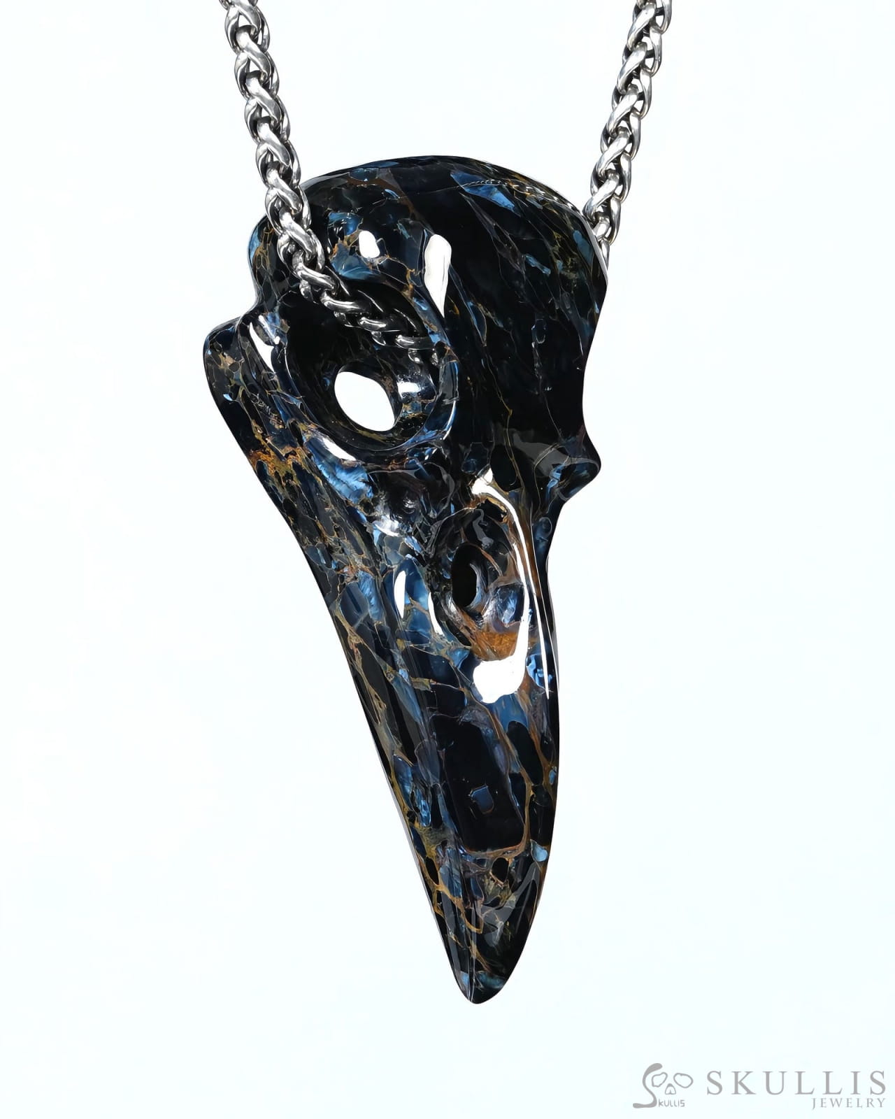 Night Pathfinder - Gem Raven Skull Pendant Necklace of Pietersite Carved Raven Skull - ZR19500441 - Skull Pendants