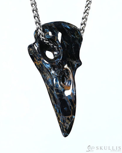 Night Pathfinder - Gem Raven Skull Pendant Necklace of Pietersite Carved Raven Skull - ZR19500441 - Skull Pendants