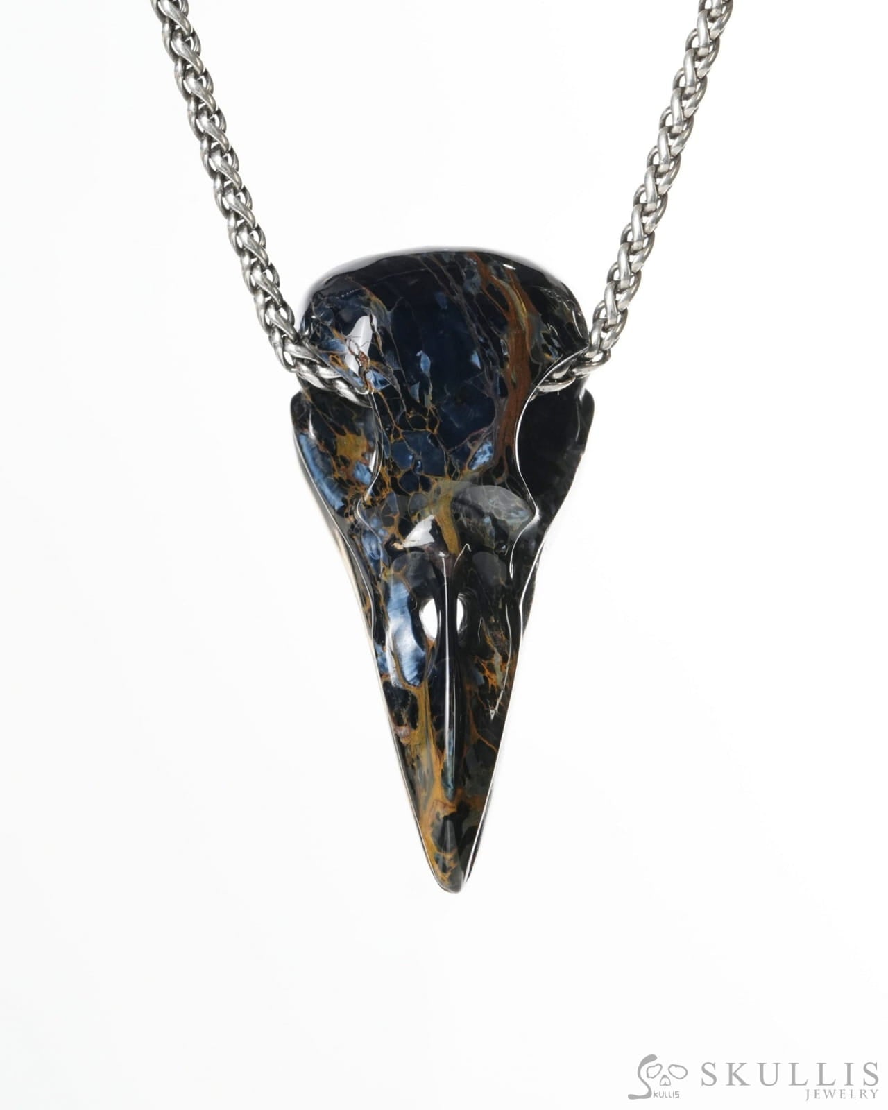 Gem Raven Skull Pendant Necklace of Pietersite Carved Raven Skull - ZR19900183 Skull Pendants