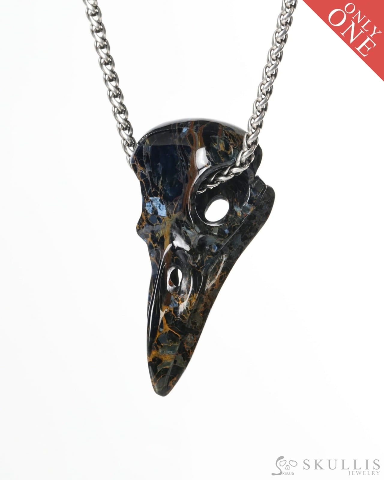 Gem Raven Skull Pendant Necklace of Pietersite Carved Raven Skull - ZR19900183 Skull Pendants