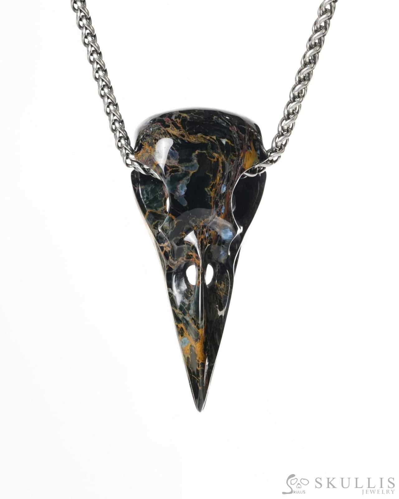 Gem Raven Skull Pendant Necklace of Pietersite Carved Raven Skull - ZR19900184 Skull Pendants