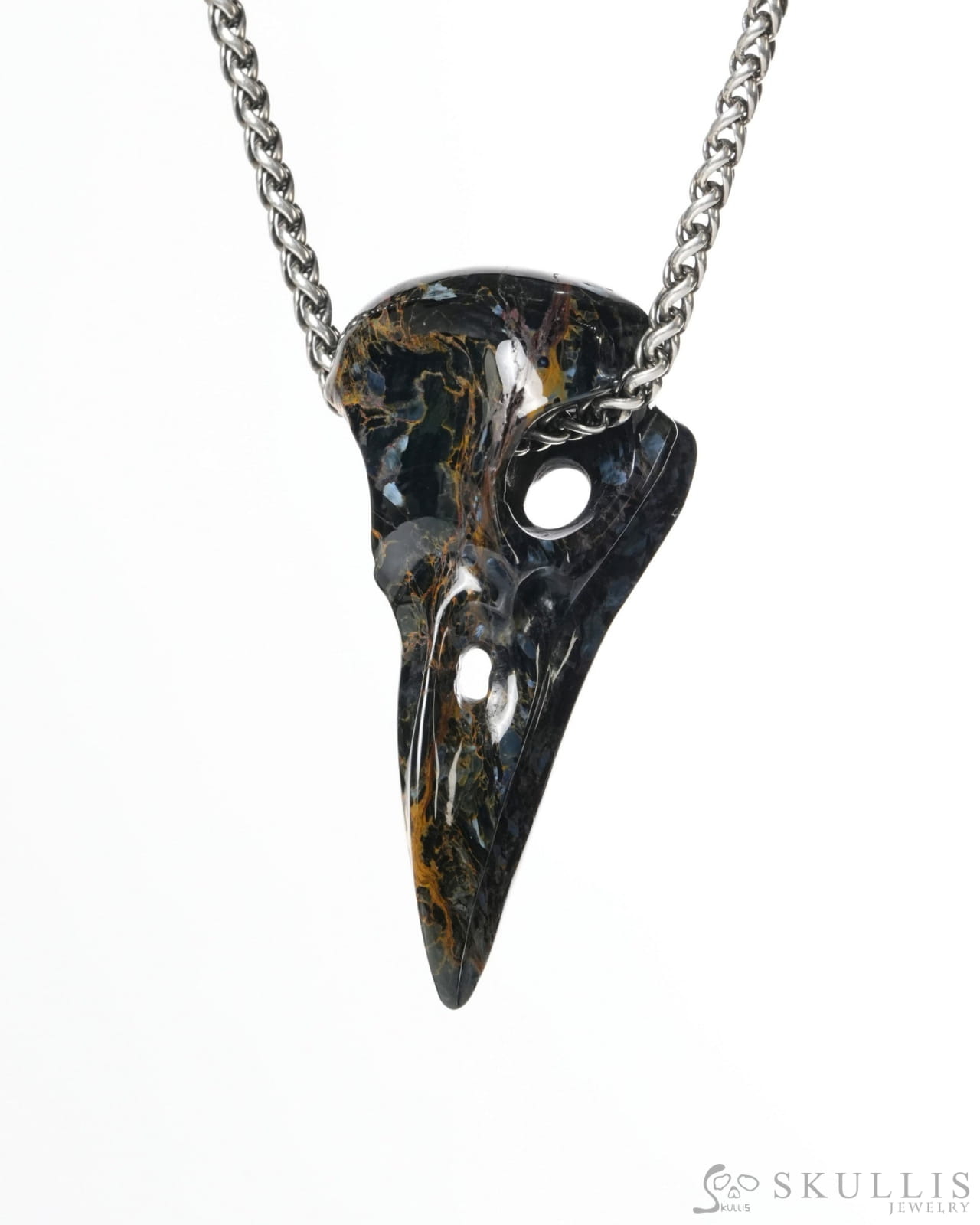 Gem Raven Skull Pendant Necklace of Pietersite Carved Raven Skull - ZR19900184 Skull Pendants