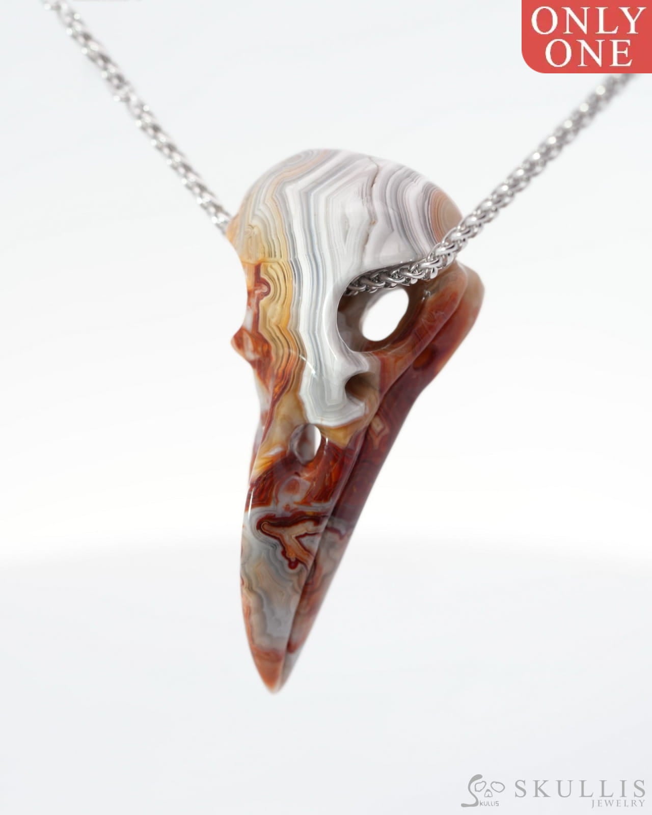 Gem Raven Skull Pendant Necklace of Red Crazy Lace Agate Carved Raven Skull - 0500015 Skull Pendants
