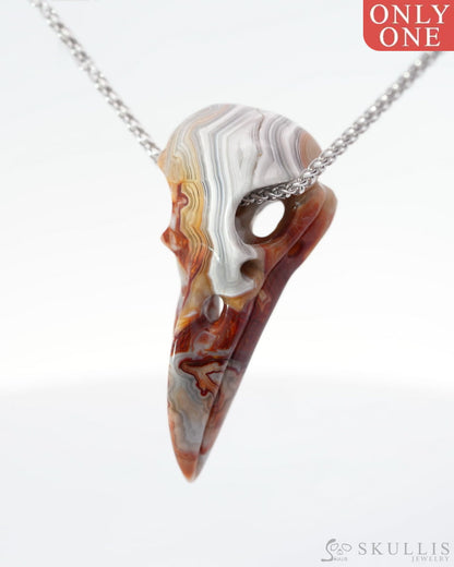 Gem Raven Skull Pendant Necklace of Red Crazy Lace Agate Carved Raven Skull - 0500015 Skull Pendants