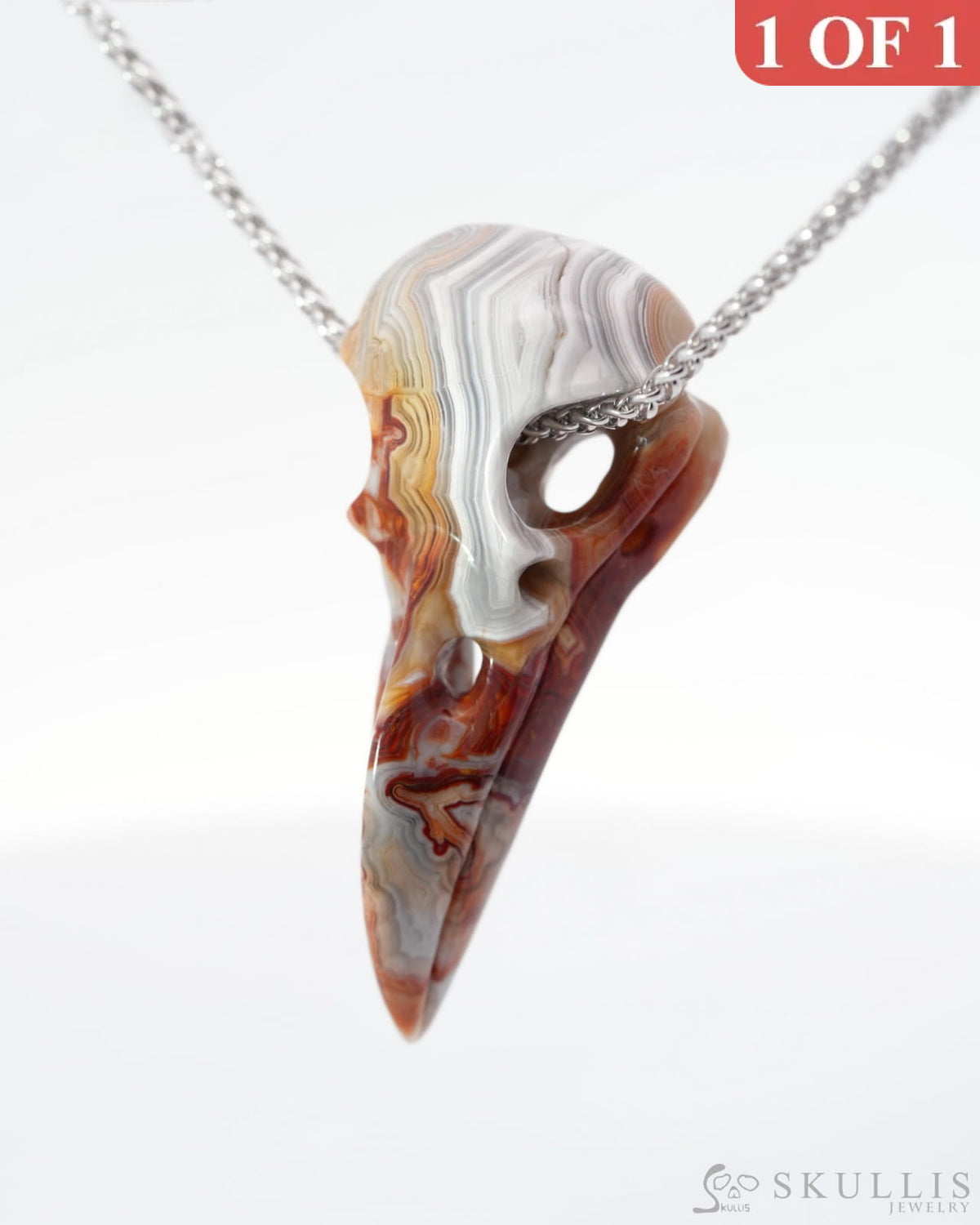 Gem Raven Skull Pendant Necklace of Red Crazy Lace Agate Carved Raven Skull - 0500015 Skull Pendants
