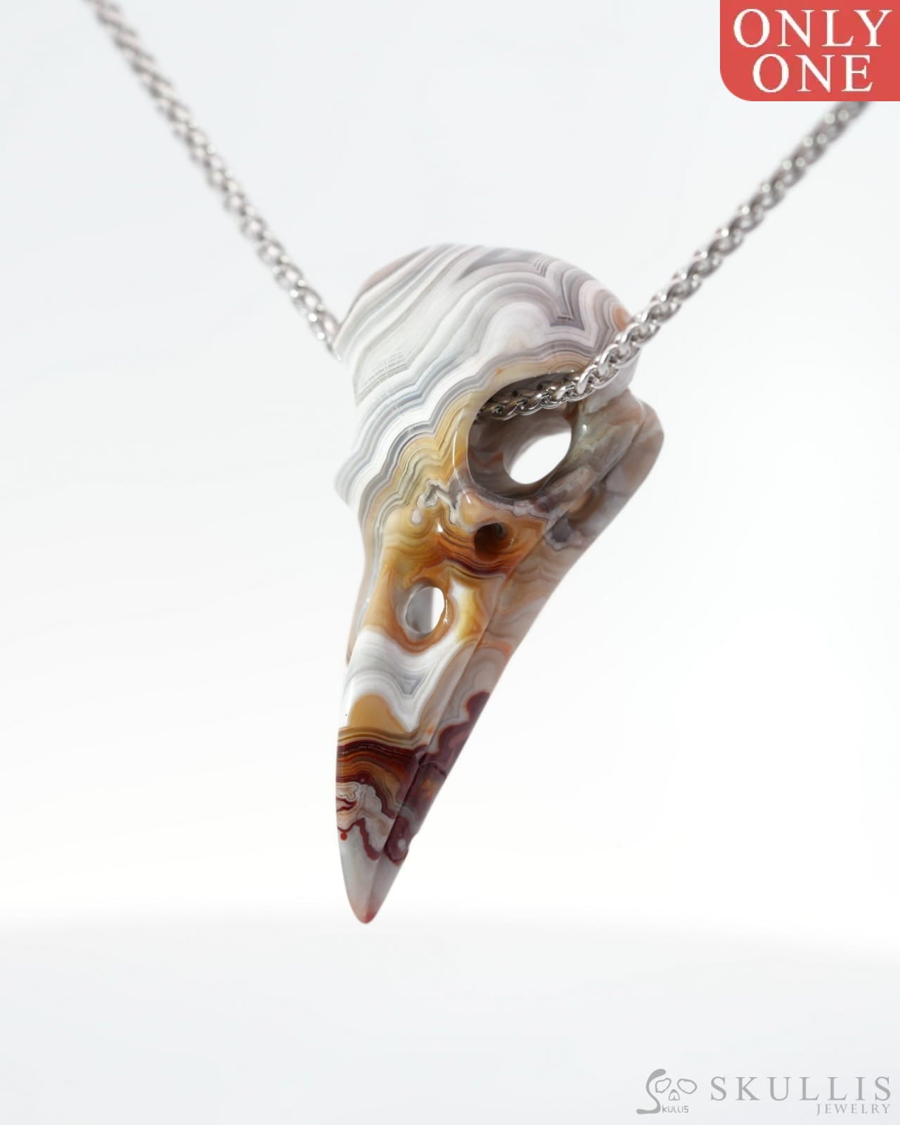 Gem Raven Pendant Necklace Of Red Crazy Lace Agate Carved Raven Skull - 0500016 Pendants