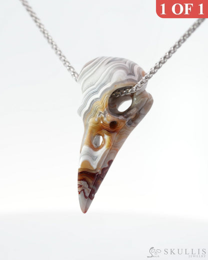 Gem Raven Pendant Necklace Of Red Crazy Lace Agate Carved Raven Skull - 0500016 Pendants