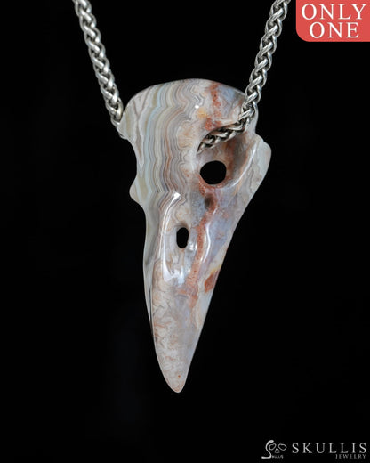 Gem Raven Skull Pendant Necklace of Red Crazy Lace Agate Carved Raven Skull - ZR19900169 Skull Pendants