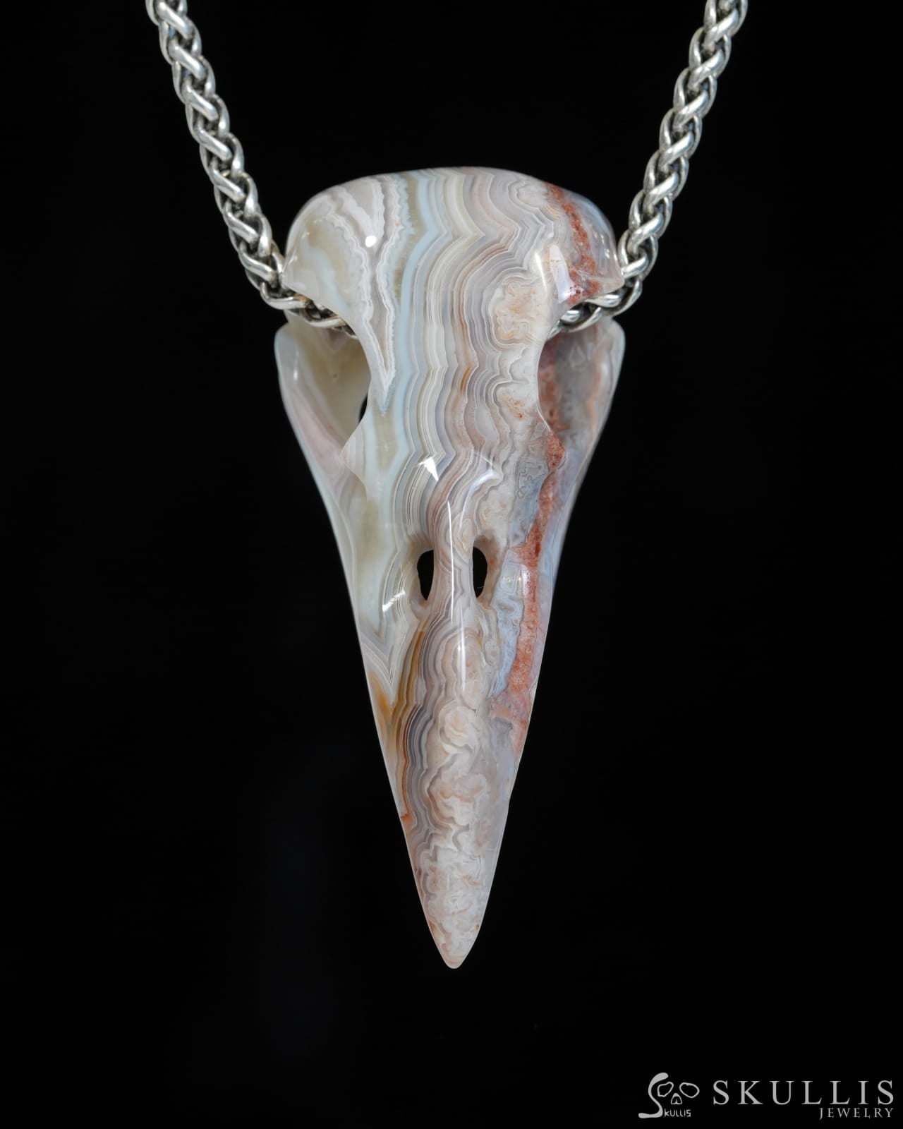 Gem Raven Skull Pendant Necklace of Red Crazy Lace Agate Carved Raven Skull - ZR19900169 Skull Pendants