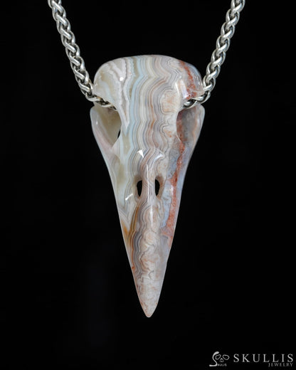 Gem Raven Skull Pendant Necklace of Red Crazy Lace Agate Carved Raven Skull - ZR19900169 Skull Pendants