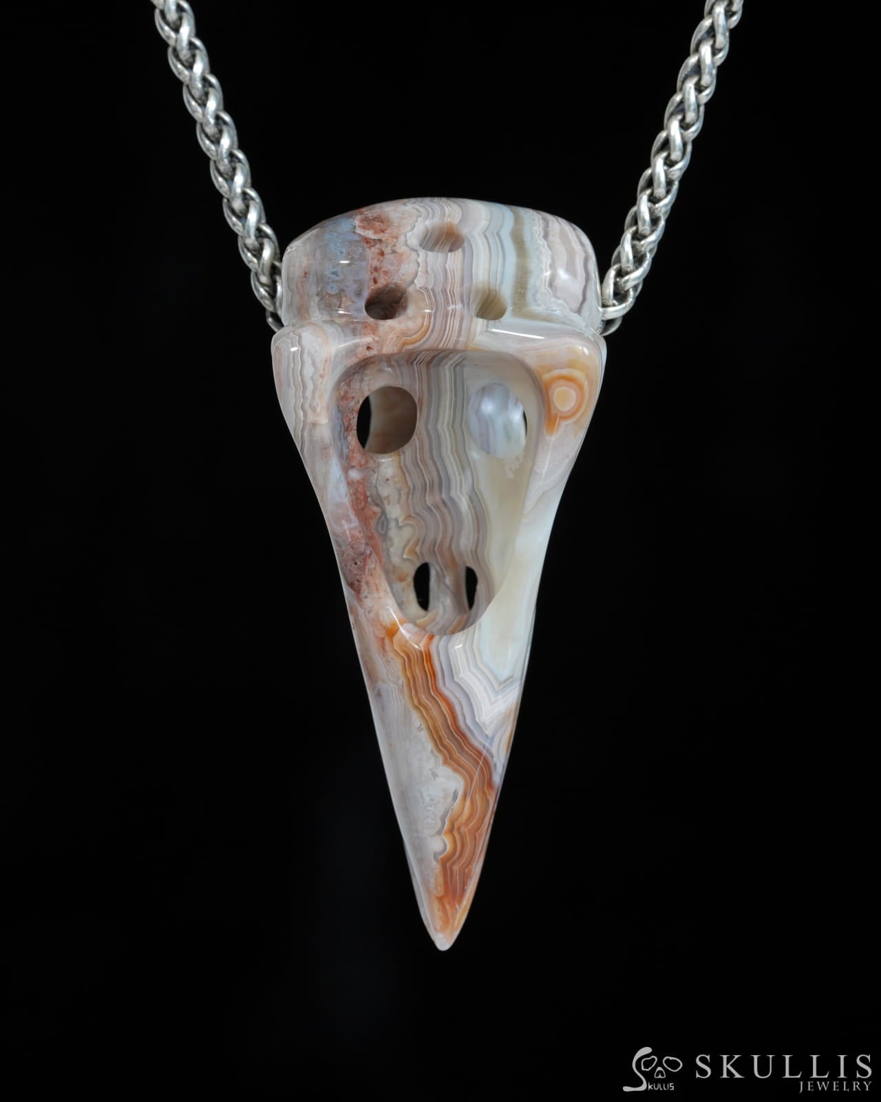 Gem Raven Skull Pendant Necklace of Red Crazy Lace Agate Carved Raven Skull - ZR19900169 Skull Pendants