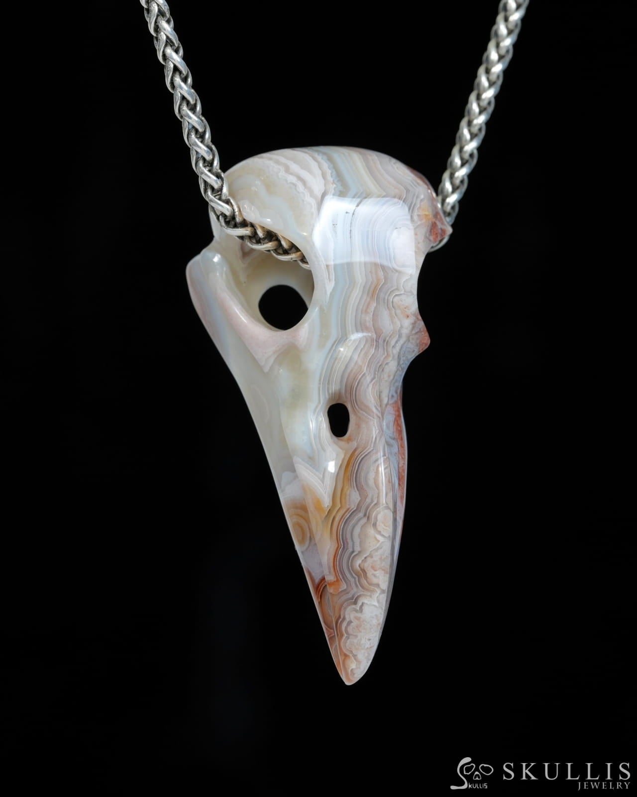 Gem Raven Skull Pendant Necklace of Red Crazy Lace Agate Carved Raven Skull - ZR19900169 Skull Pendants