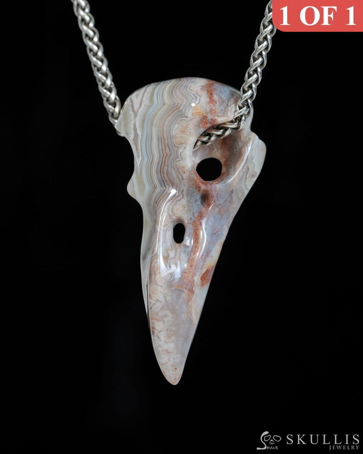 Gem Raven Skull Pendant Necklace of Red Crazy Lace Agate Carved Raven Skull - ZR19900169 Skull Pendants