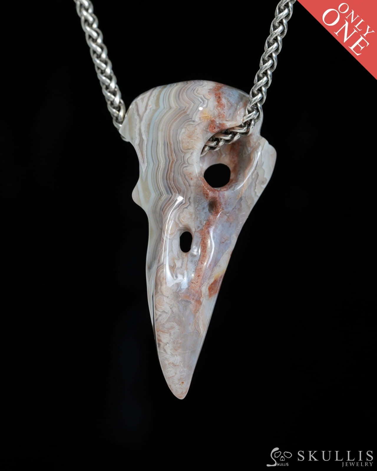 Gem Raven Skull Pendant Necklace of Red Crazy Lace Agate Carved Raven Skull - ZR19900169 Skull Pendants
