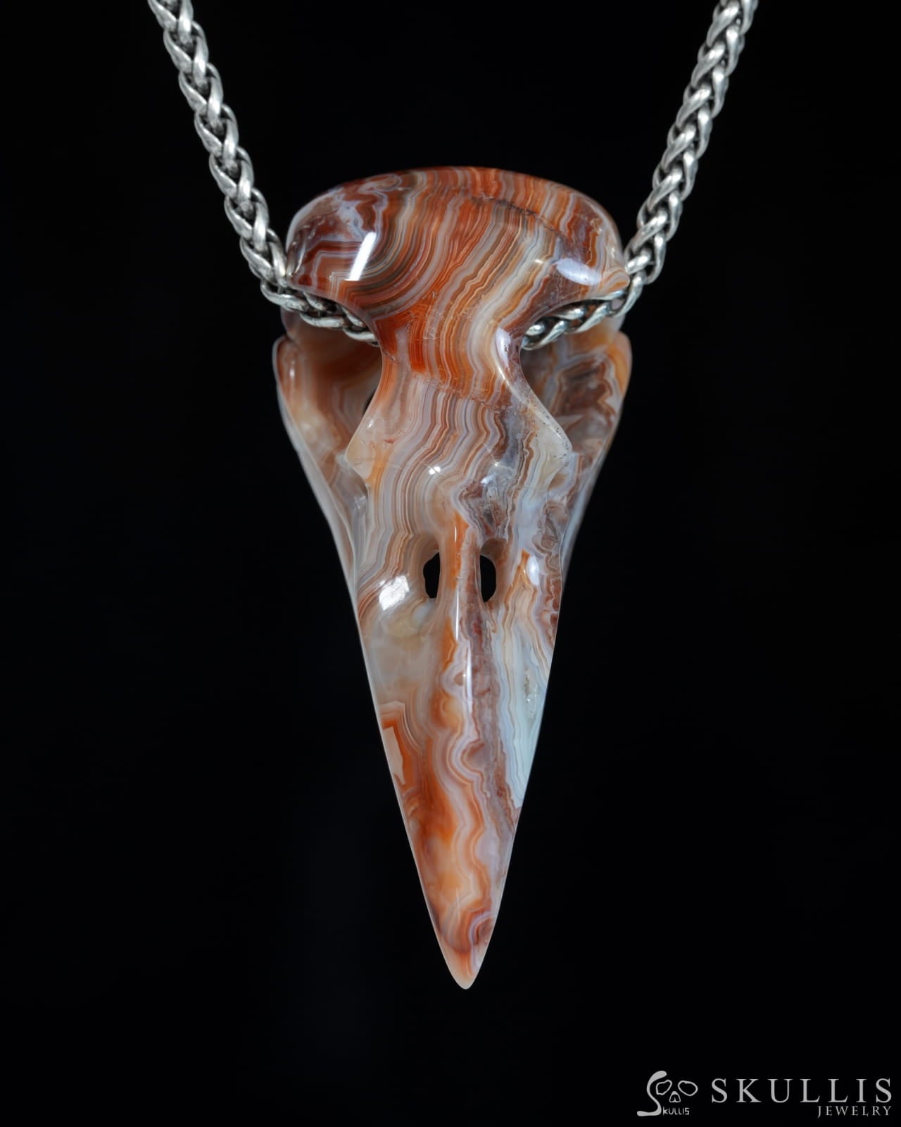 Gem Raven Skull Pendant Necklace of Red Crazy Lace Agate Carved Raven Skull - ZR19900170 Skull Pendants