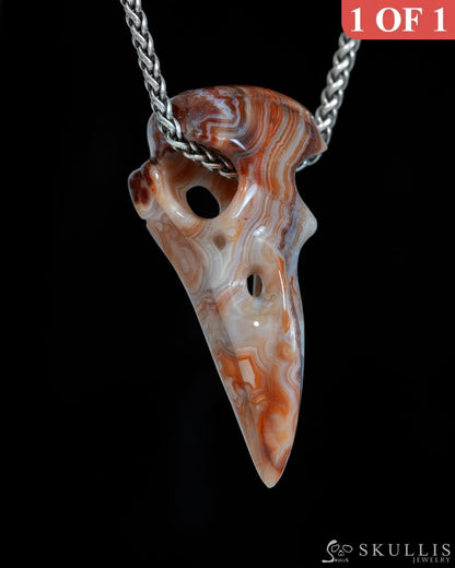 Gem Raven Skull Pendant Necklace of Red Crazy Lace Agate Carved Raven Skull - ZR19900170 Skull Pendants
