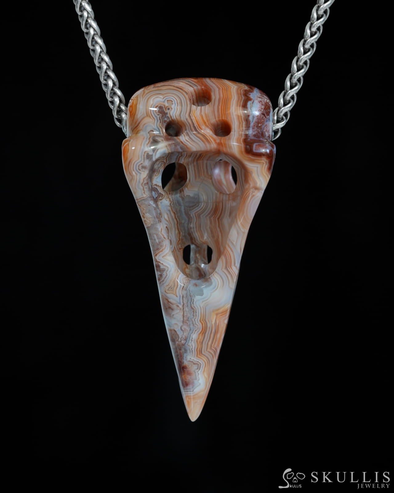 Gem Raven Skull Pendant Necklace of Red Crazy Lace Agate Carved Raven Skull - ZR19900170 Skull Pendants