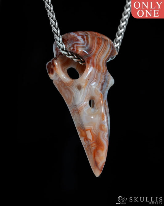Night Pathfinder - Gem Raven Skull Pendant Necklace of Red Crazy Lace Agate Carved Raven Skull - ZR19900170