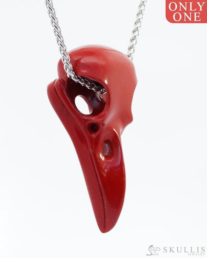 Gem Raven Skull Pendant Necklace Of Red Jasper Carved Raven - 9800140 Pendants