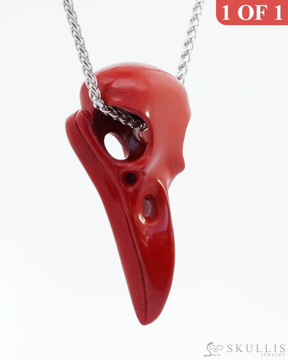 Gem Raven Skull Pendant Necklace Of Red Jasper Carved Raven - 9800140 Pendants