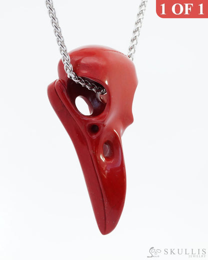 Gem Raven Skull Pendant Necklace Of Red Jasper Carved Raven - 9800140 Pendants